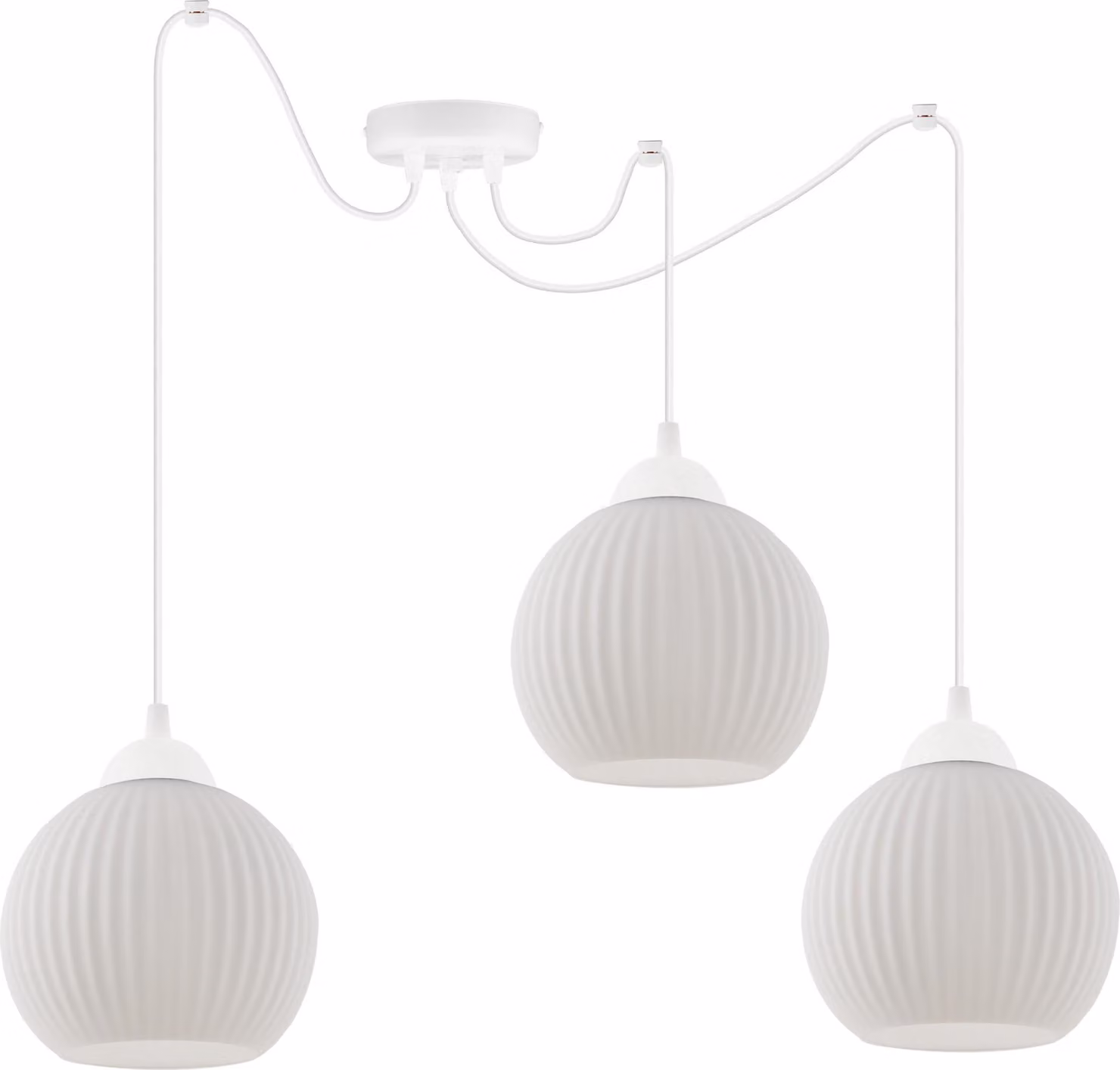 Lampada a sospensione Spider Riffle bianca a 3 luci con paralumi a sfera bianchi E27