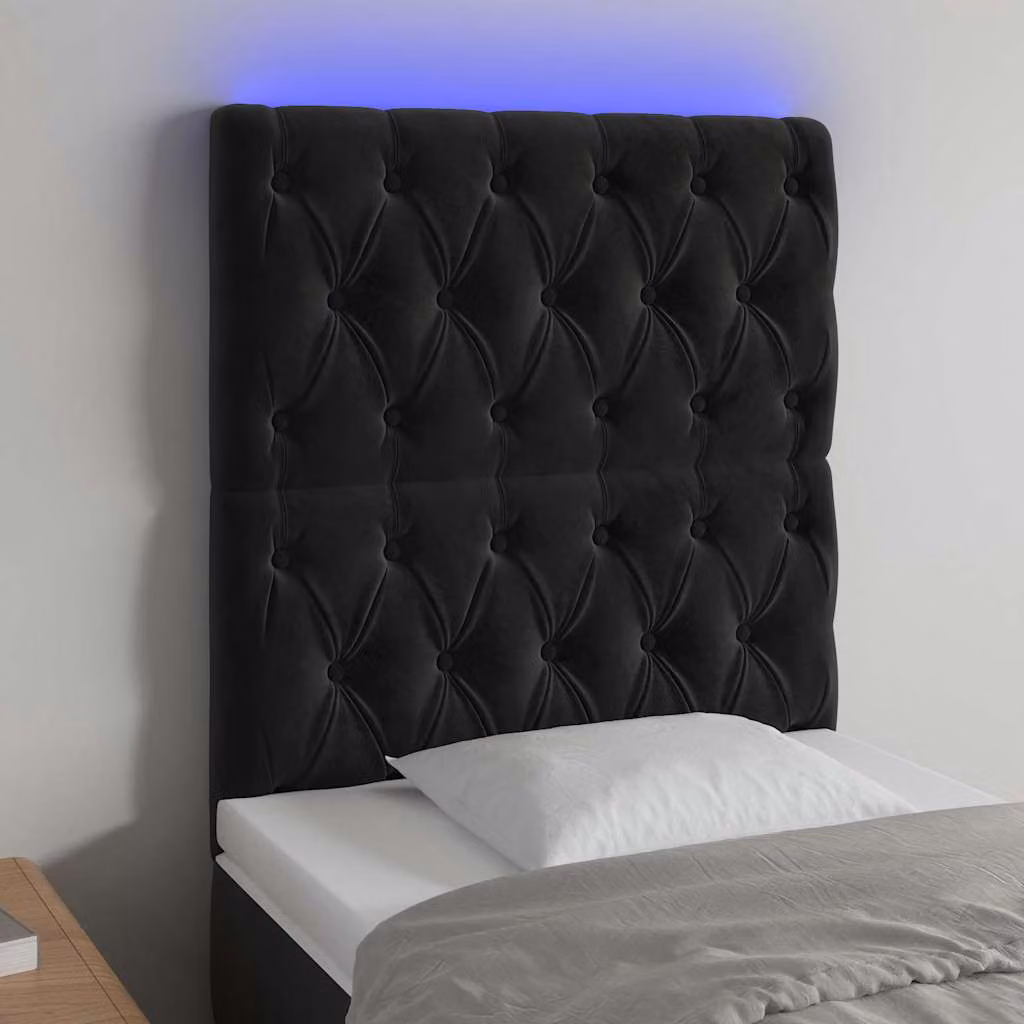 Testiera per letto vidaXL in velluto nero con illuminazione LED integrata e porta di ricarica USB, L/P/H: 118-128 x 80 x 7 cm