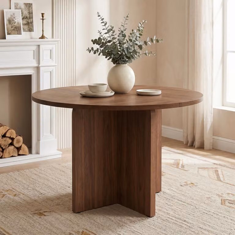 Tavolo rotondo Flieks con piedini regolabili, adatto per 4-6 persone, tavolo da pranzo 120x120x75 cm, tavolo da cucina, finitura in legno noce