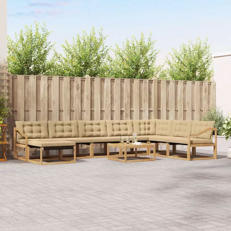vidaXL Set di divani da esterno 9 pz in legno di acacia con cuscini Bianco e Beige
