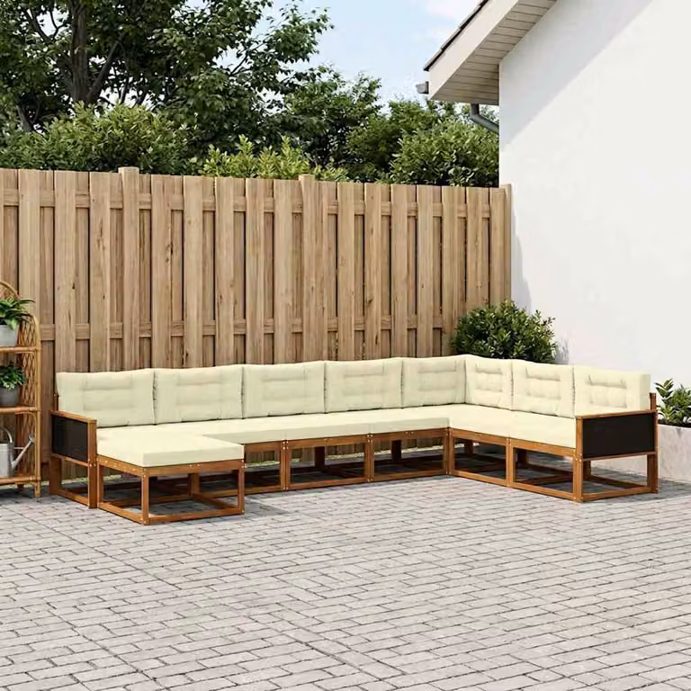 vidaXL Set di divani da esterno a L in legno di acacia con cuscini, 8 pezzi, Marrone e Beige
