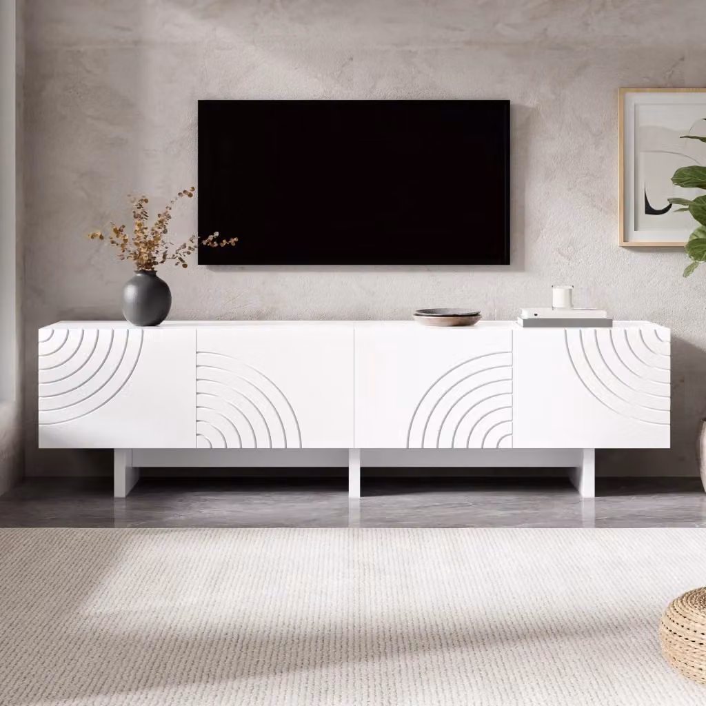 Cassettiera TV KOMHTOM bianca in MDF e truciolare con design minimalista e finitura opaca, L: 170 cm, P: 35 cm, H: 50 cm – 2