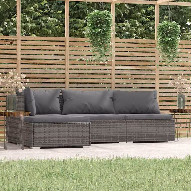 Set di divani da giardino vidaXL a forma di L composto da 4 pezzi con cuscini, colore antracite e grigio, con struttura in metallo e sedute in rattan per terrazzo o balcone