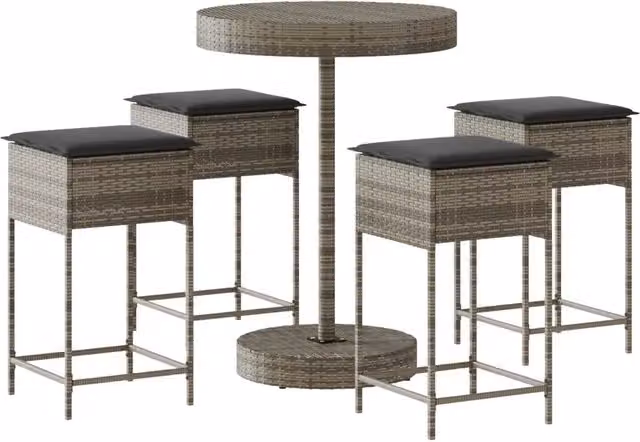 Set Bar da Giardino 5 pz | Set Salotto da Giardino con Cuscini in Polyrattan Grigio