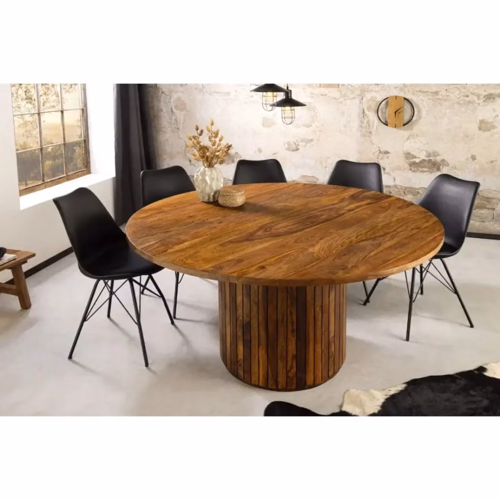 Tavolo da pranzo rotondo YONA Meublorama in legno di sheesham marrone, Diametro: 140 cm, Altezza: 76 cm – 2