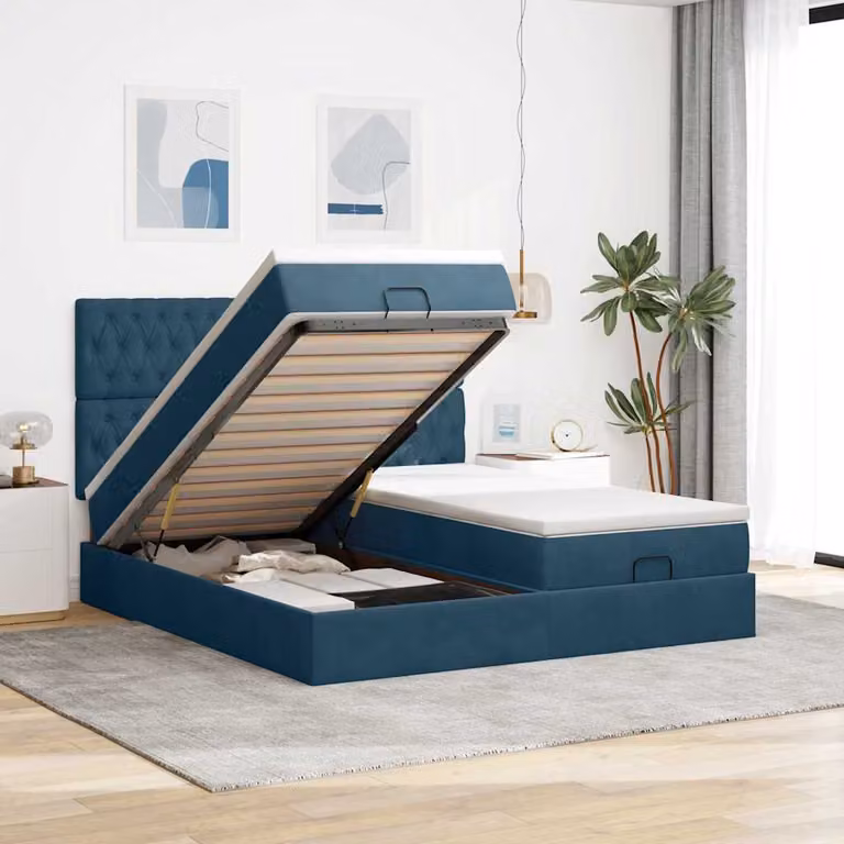 Letto con contenitore a sollevamento vidaXL in velluto blu e bianco con materasso L/P/H: 180 x 200 x 128 cm