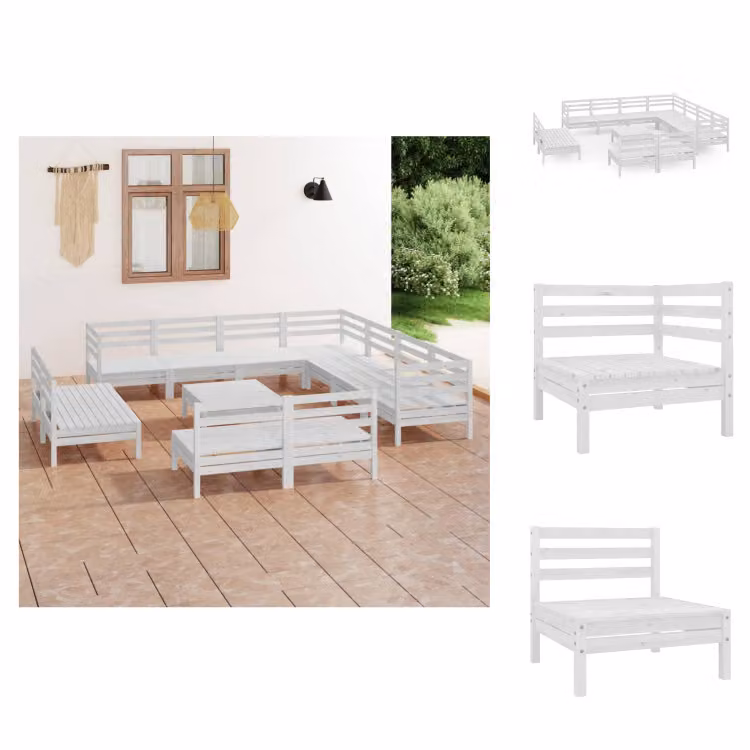 vidaXL Set da salotto da giardino 12 pezzi in pino massiccio bianco - Set di mobili da giardino