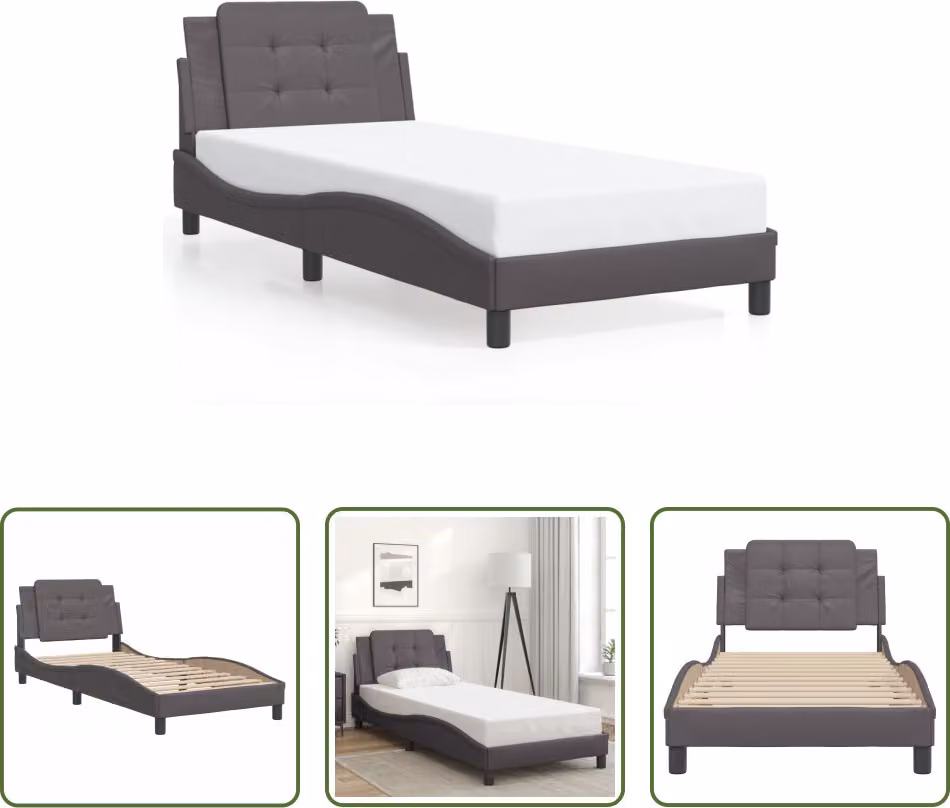 The Living Store Giroletto con testiera grigio 90x200 cm in ecopelle