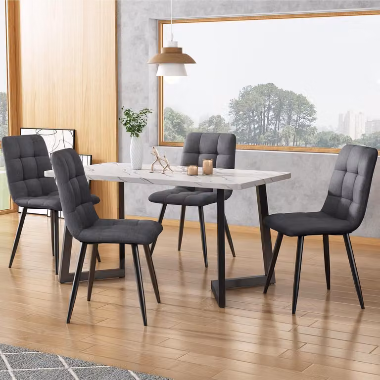Set da pranzo composto da un tavolo rettangolare da 117 cm e 4 sedie, colore grigio scuro, tessuto: lino, gambe nere