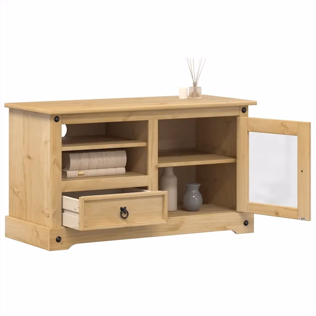Mobile TV Corona in legno massello di pino color marrone e beige, stile rustico, L 100 cm x P 45 cm x H 58 cm – 2