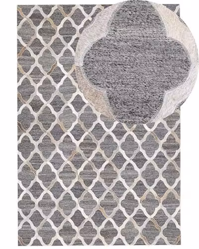 Tappeto Pelle Jacquard Grigio Beige Motivo a Quadrifoglio 140 x 200 cm