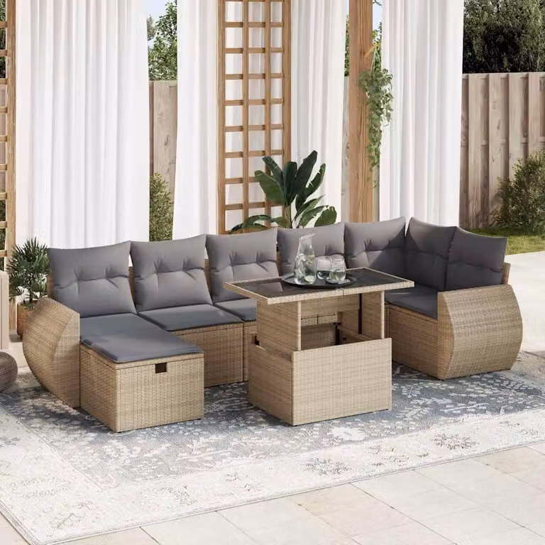 Set Divano da Giardino vidaXL 8 pz in Polyrattan con Cuscini Beige