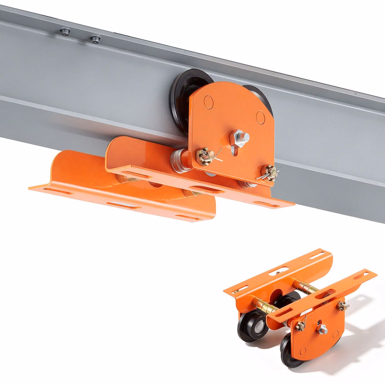 Carrello portante per profilati a "I" - Sistema di scorrimento manuale - Capacità di carico: 500 kg - Larghezza del flangio: 68-110 mm - Doppie ruote - Regolabile - Acciaio al carbonio