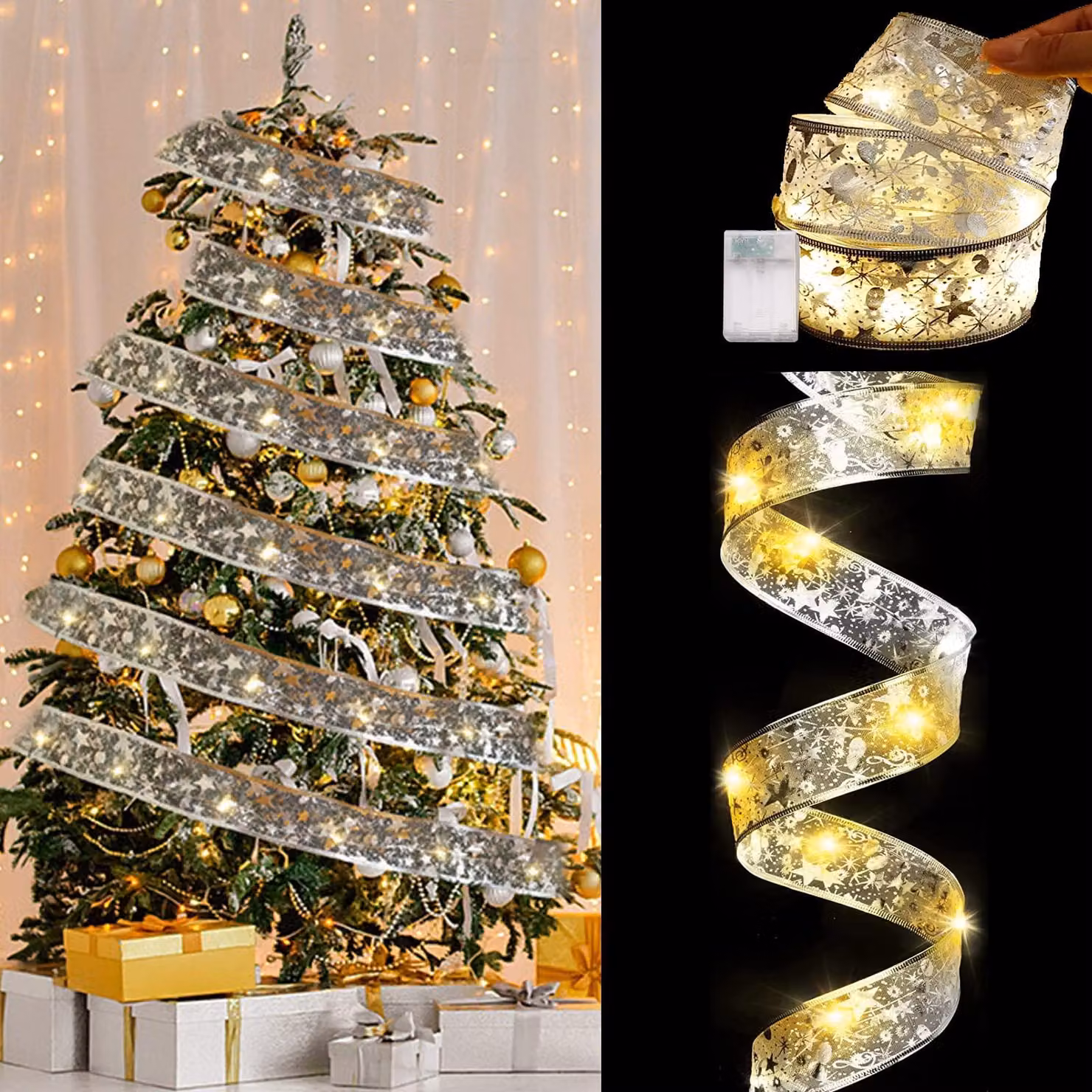 Catena luminosa a LED, nastro scintillante, 5 metri, 50 LED, colore argento, alimentazione a batteria