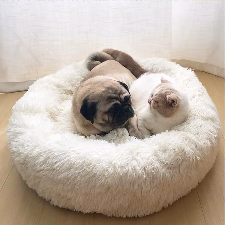 Cuccia per cani, cuccia per gatti, lavabile, morbida, in peluche, rotonda, a forma di ciambella, bianca, 50 cm