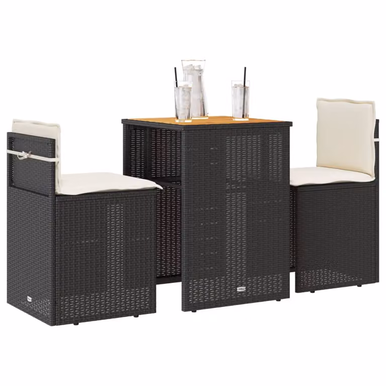 Set da Bistrò vidaXL in Polyrattan Nero con Cuscini Beige e Tavolo in Legno di Acacia