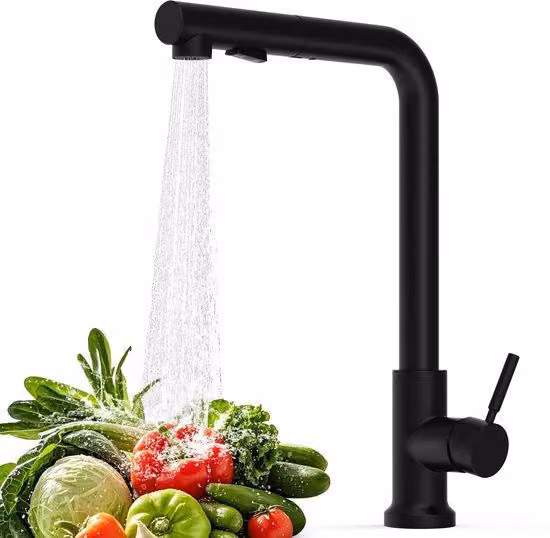 Rubinetto da cucina nero, rubinetto da cucina estraibile con doccetta, orientabile a 360 gradi, due getti, rubinetto ad alta pressione, rubinetto da cucina, acciaio inossidabile
