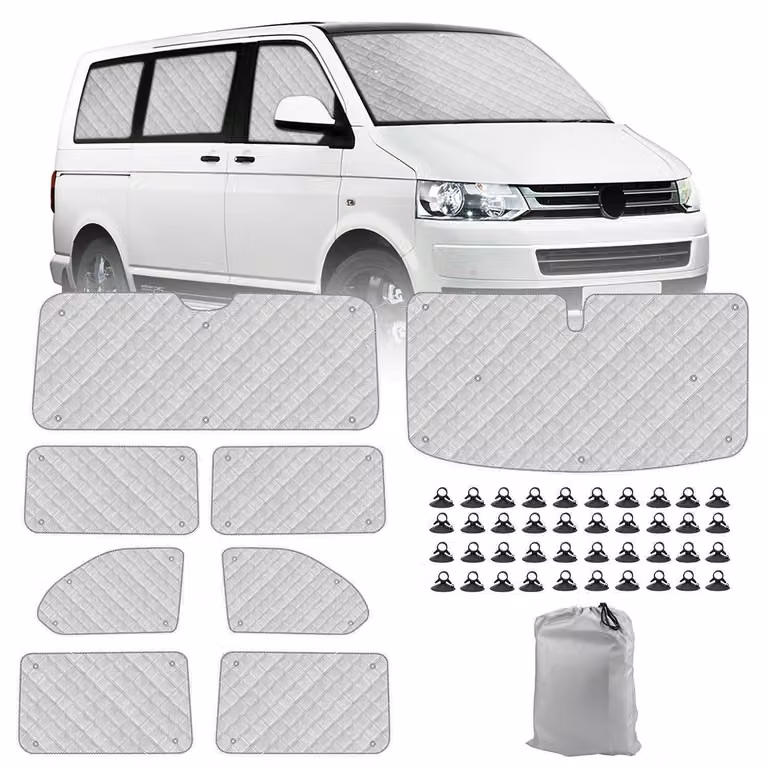 Tappetini termici per l'abitacolo, set da 8 pezzi, per VW T5 T6 a passo lungo: protezione solare, isolamento, privacy e controllo della temperatura
