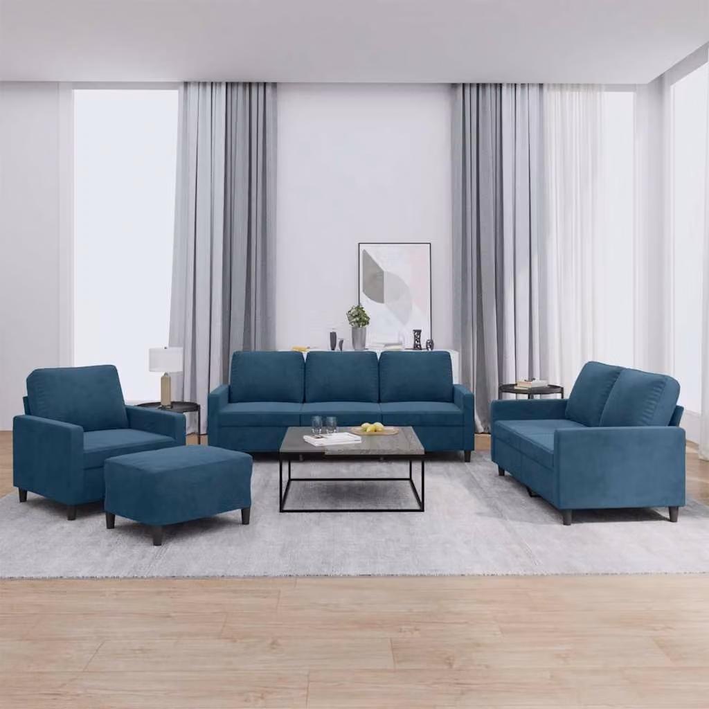 vidaXL Set di Divani Moderno in Velluto Blu con Cuscini, Divano a 3 Posti, Divano a 2 Posti e Pouf – 1