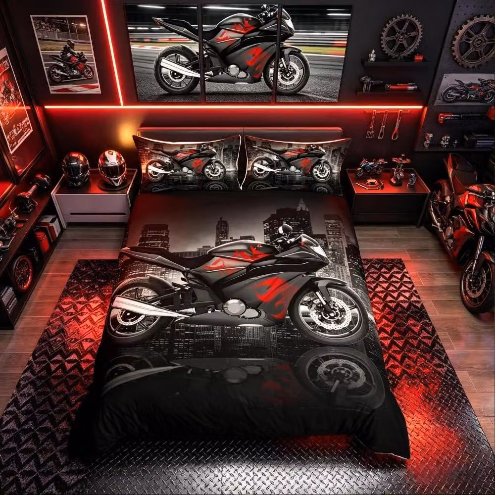 Set di lenzuola con copripiumino a tema motociclette per ragazzi