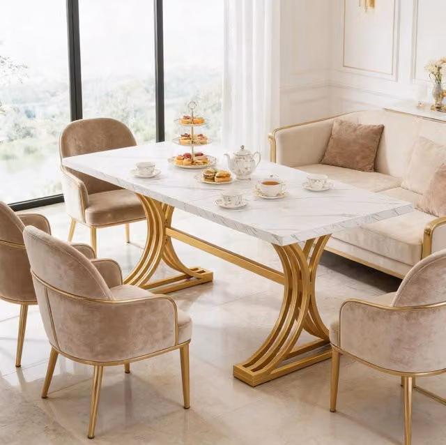Tavolo da pranzo 160 x 80 cm in marmo e metallo; bianco e oro