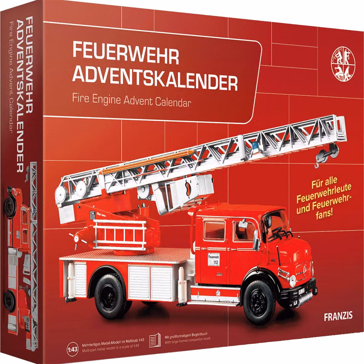 FRANZIS 67206 - Calendario dell'Avvento per vigili del fuoco, kit di modellismo in metallo del Mercedes-Benz L1519 in scala 1:43, completo di un manuale di 52 pagine