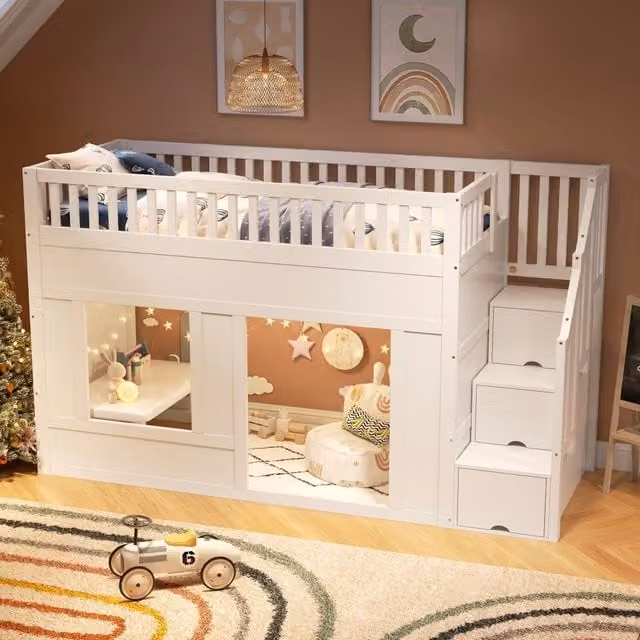 Letto a soppalco per bambini 90 × 200 cm con scala contenitore e spazio gioco sottoletto, senza materasso, bianco