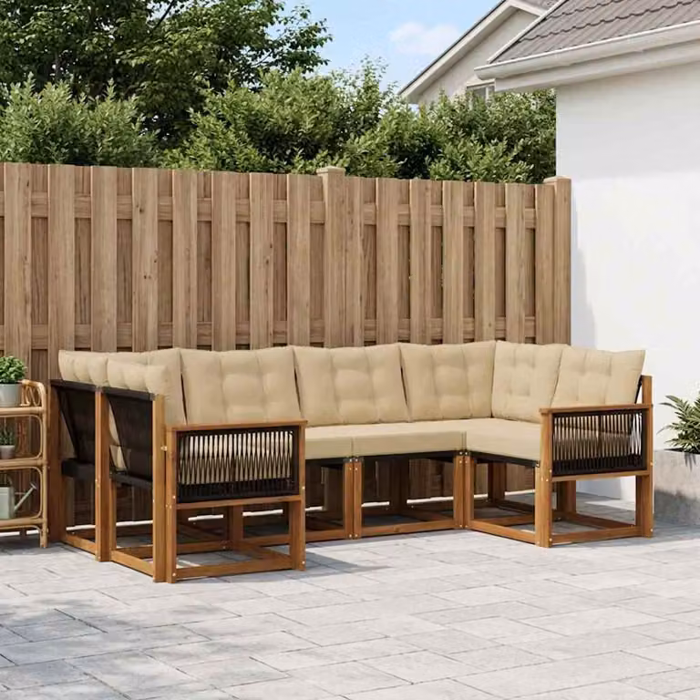 Set di divani da esterno vidaXL 6 pz in legno di acacia con sedute beige e marrone e cuscini inclusi