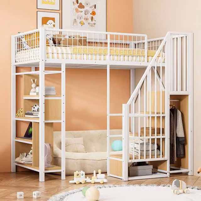 Letto a soppalco - Xylo - 90x200 cm bianco con ripiani e scala