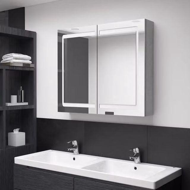 Armadietto da bagno Design Mania con specchio e illuminazione LED, Grigio, L: 80 cm, P: 12 cm, H: 68 cm – 1