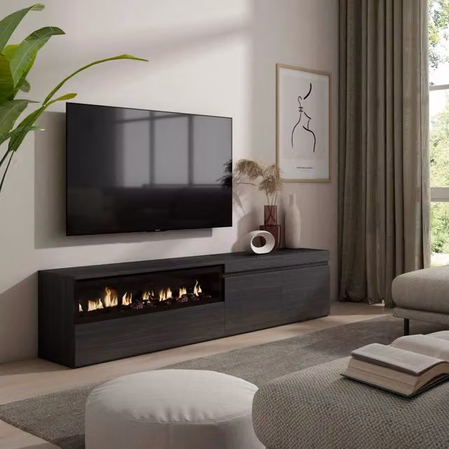 Mobile TV, 200x35x45cm, soggiorno, Per TV fino a 80", Camino elettrico, Nero RF2181