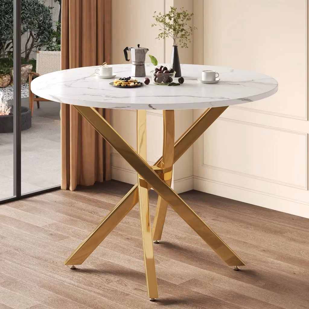 Tavolo da pranzo rotondo OKWISH con piano effetto marmo bianco lucido e gambe incrociate dorate in MDF e metallo per cucina e soggiorno – 2