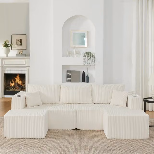 Divano angolare modulare 3 posti con portabicchieri, tasche laterali e cuscini in velluto a coste beige