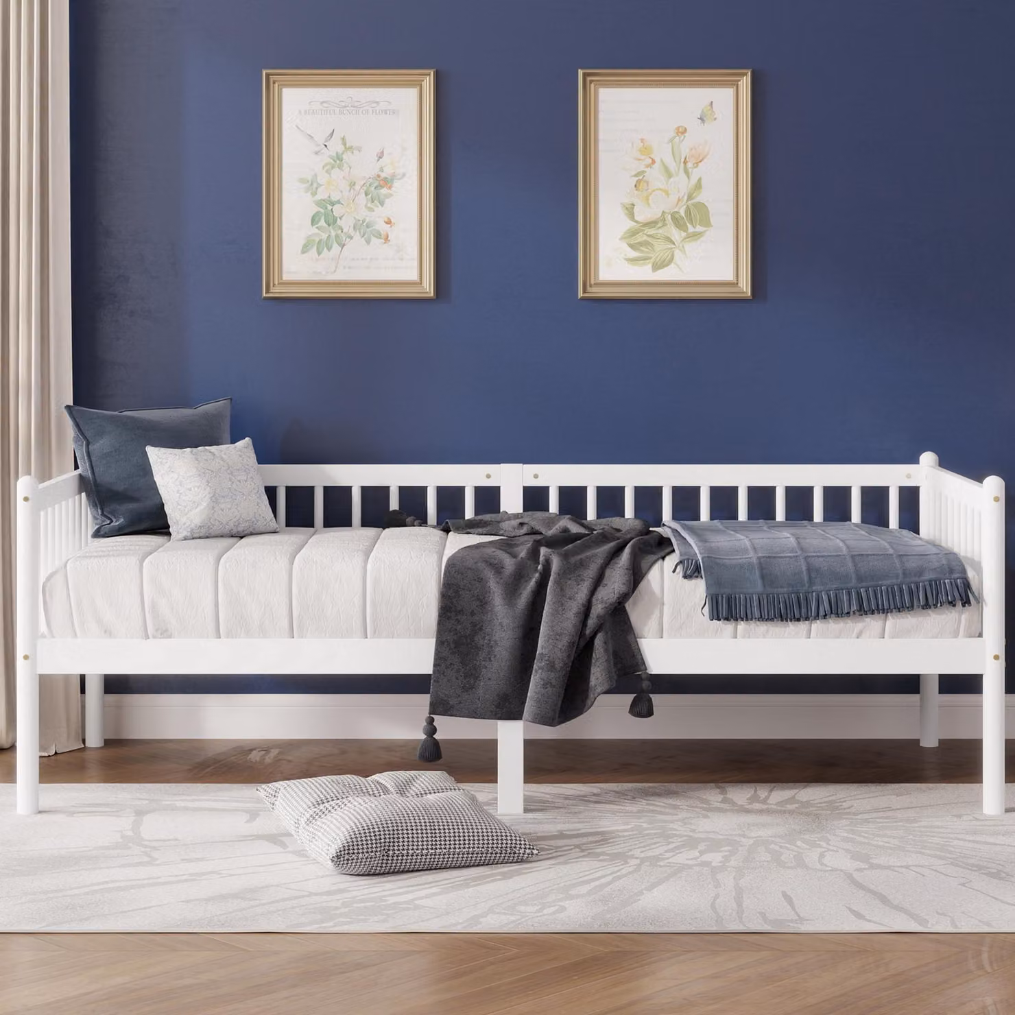 Divano letto Flieks 90x200 cm, letto giornaliero in legno di pino con 3 sponde e 14 listelli di supporto, letto per ragazzi con spazio contenitore, bianco