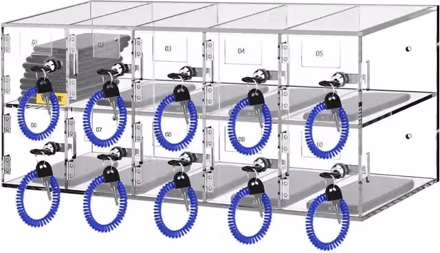 Armadietto per Cellulari a Parete con 10 Scomparti SJG-YKL-10M in Acrilico Trasparente con Serrature e Chiavi per Ufficio e Palestra