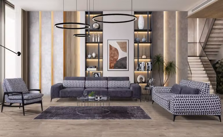 Graues Wohnzimmer Sitzgarnitur Exklusiver Dreisitzer Einsitzer 3tlg 4+3+1