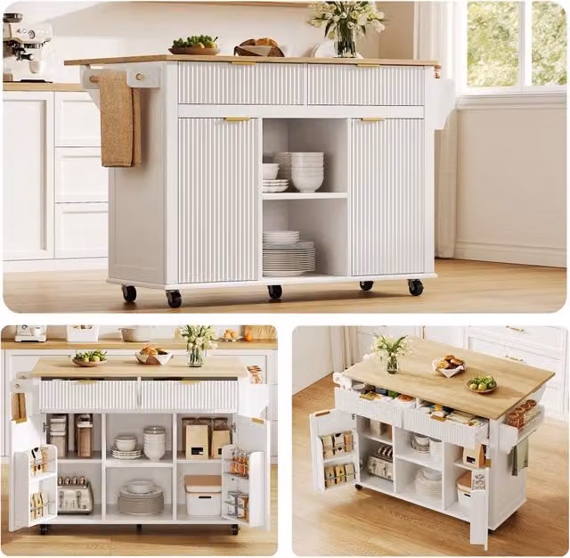 Isola cucina su ruote in MDF bianca 143 x 45 cm con piano di lavoro pieghevole