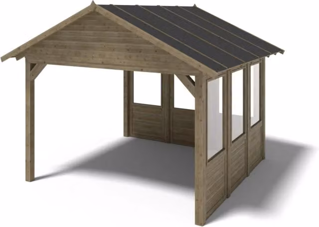 Gazebo da giardino in legno ALTANKA con pannelli e tetto in tegole bituminose, L/P: 404 x 404 cm, H: 325 cm, colore marrone o verde – 1