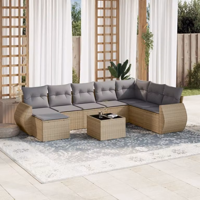 vidaXL Set Divano da Giardino 9 pz a Forma di L in Polyrattan con Cuscini Beige e Tavolino da Esterno