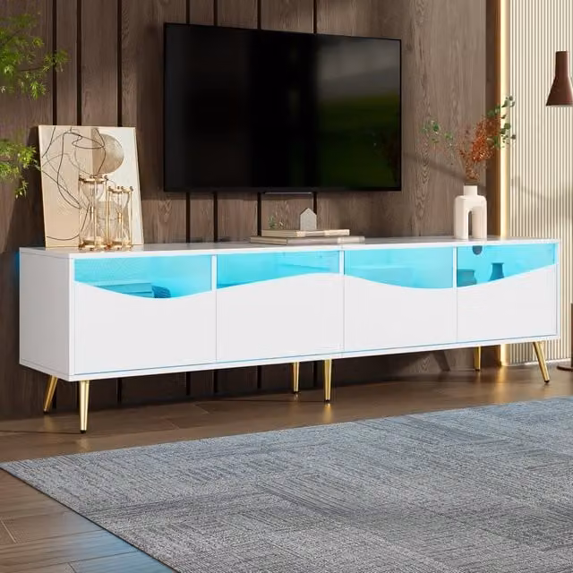 Mobile TV con illuminazione LED controllabile via app; frontali in vetro e passacavi; bianco 180 × 40 × 50 cm
