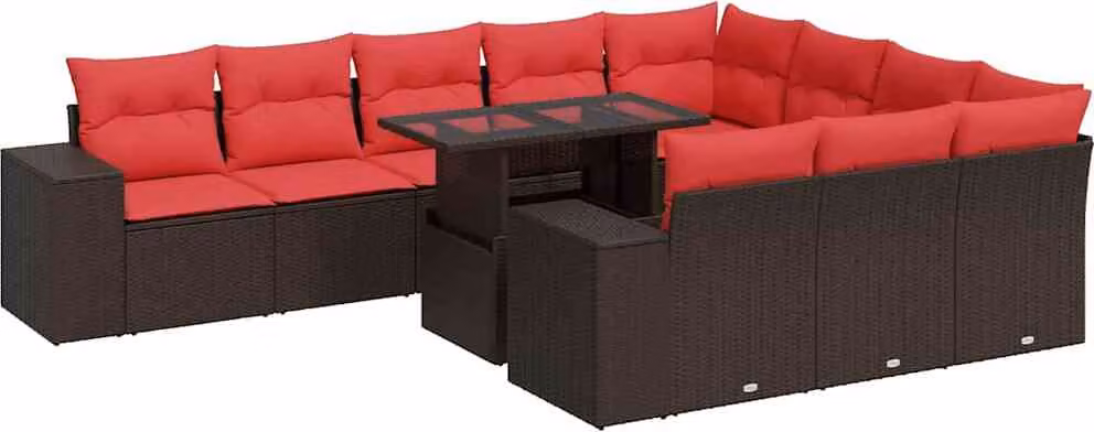 Set Divani Giardino 11 pz con Cuscini Polyrattan Marrone Acacia