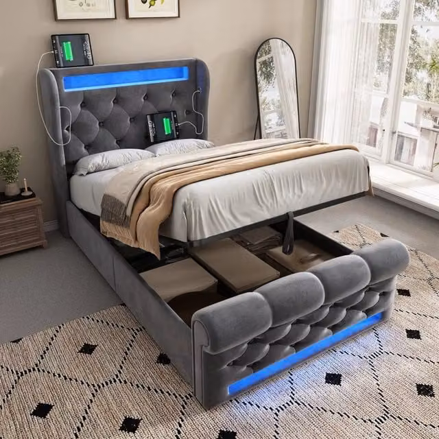 Letto contenitore imbottito 90x200 cm con testiera portaoggetti; LED; USB; USB-C; sollevamento idraulico; velluto grigio