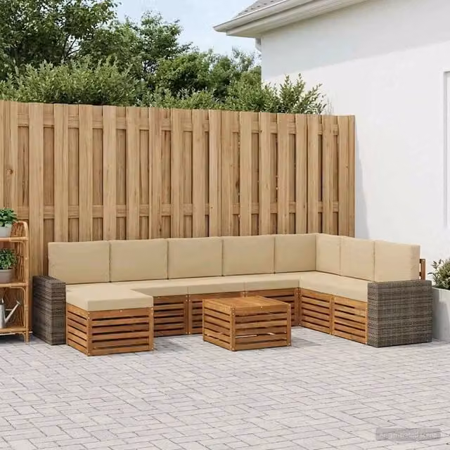Set di divani da esterno moderno vidaXL in rattan e legno di acacia, 9 pezzi, Beige – 1