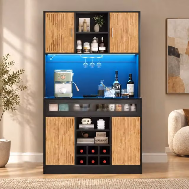 Dispensa alta con LED RGB e prese USB con anta a ribalta in vetro portavino estraibile in MDF 105 × 40 × 180 cm