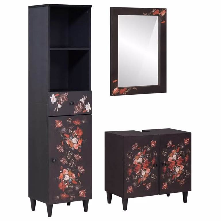 vidaXL Set di 3 mobili da bagno moderni in legno di mango massello marrone e nero con specchio e mensole interne