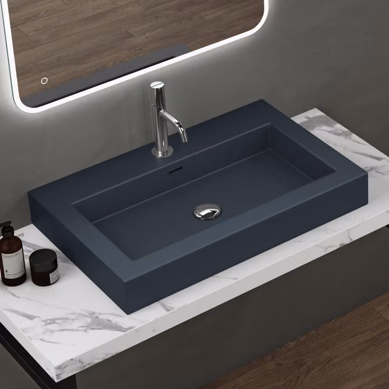 doporro Lavabo da Appoggio Rettangolare, Lavabo Bagno Sospeso con Foro Rubinetto e Troppopieno in Marmo Resina Antracite Opaco, Lavandino Bagno 73x48x10cm Colossum18