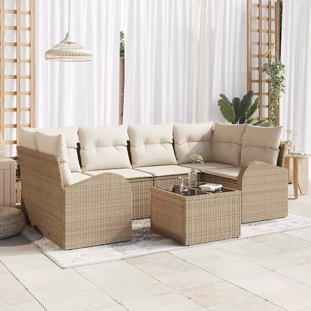 Set Divano da Giardino vidaXL 7 Pezzi in Polyrattan Beige con Cuscini e Tavolino da Esterno