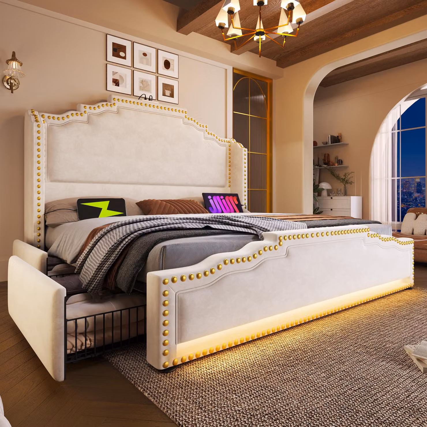 Letto imbottito 140x200, letto matrimoniale con 4 cassetti, illuminazione LED e porta USB-C, letto contenitore e letto per ragazzi, rivestito in velluto, colore beige