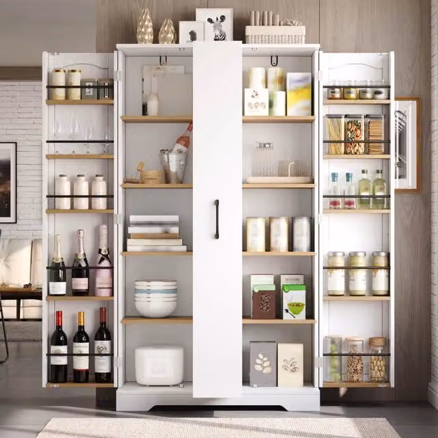 Mobile colonna da cucina con portaspezie estraibile 4 livelli ripiani regolabili in MDF bianco 150 × 78 × 40 cm