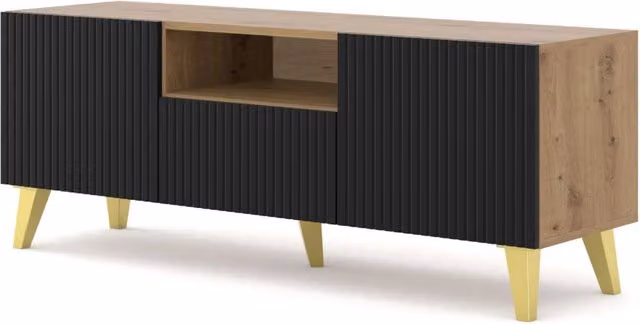 Mobile porta TV Ravenna Bim Furniture in MDF rovere nero opaco con gambe dorate L: 149,7 cm, P: 41,8 cm, H: 56,0 cm